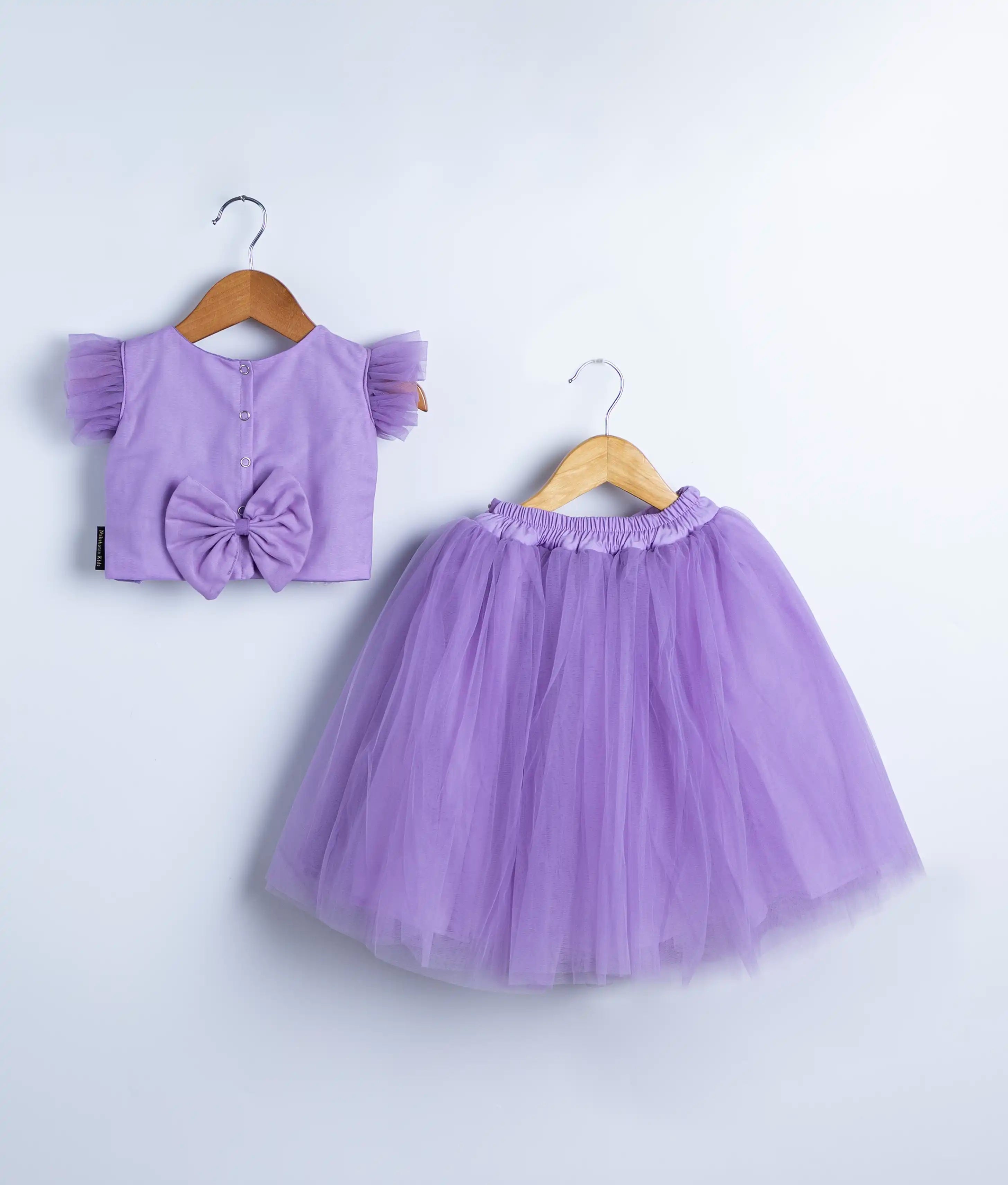 Lavender Tulle Net Handworked Crop Top With Full Length Skirt For Baby Girl [2438}