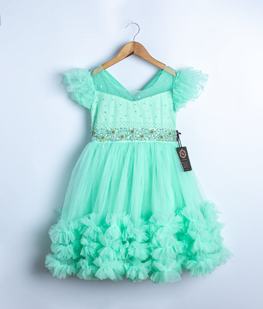 Green Tulle Net Handwork Birthday Frock For Baby Girl [Ready To Ship: 2447]