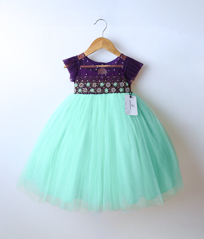 Purple Tulle Net Handworked Top With Sea Green Skirt Frock For