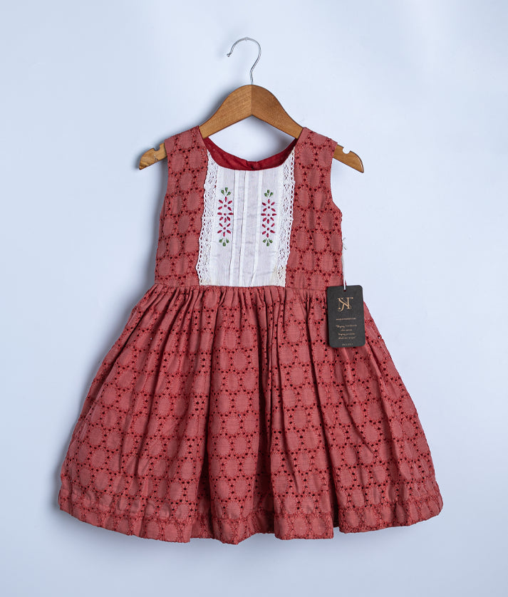 Maroon Acoba Floral Embroidery Cotton Frock Frock For Baby Girl[2595]
