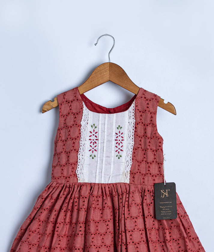 Maroon Acoba Floral Embroidery Cotton Frock Frock For Baby Girl[2595]