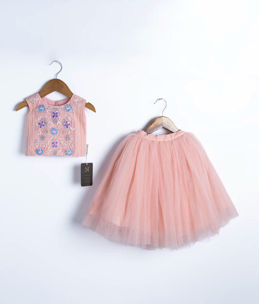 Peach Tulle Net Handworked Crop Top With Full Length Skirt Peach Tulle Net Handworked Crop Top With Full Length Skirt