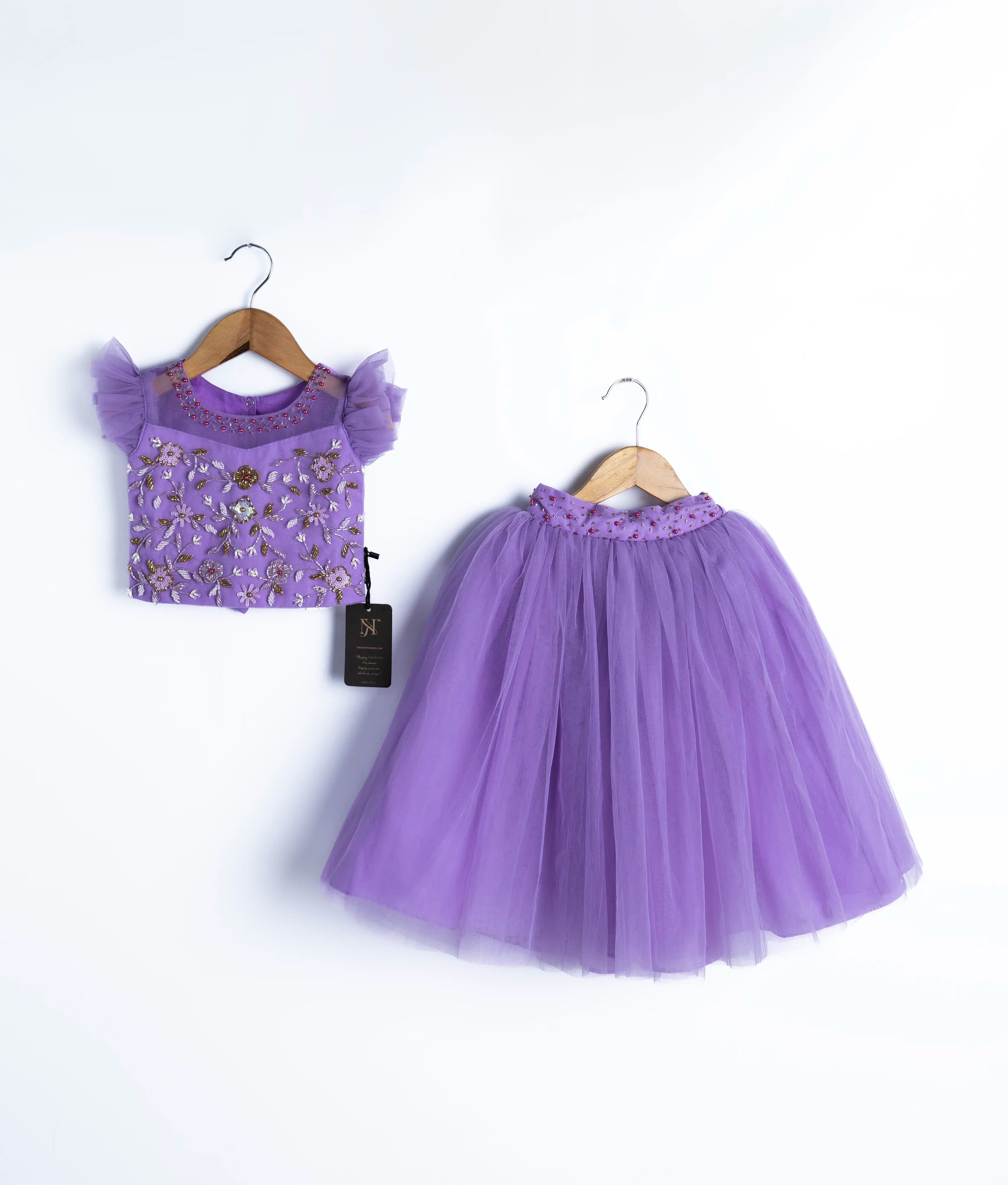 Lavender Tulle Net Handworked Crop Top With Full Length Skirt For Baby Girl 2726]