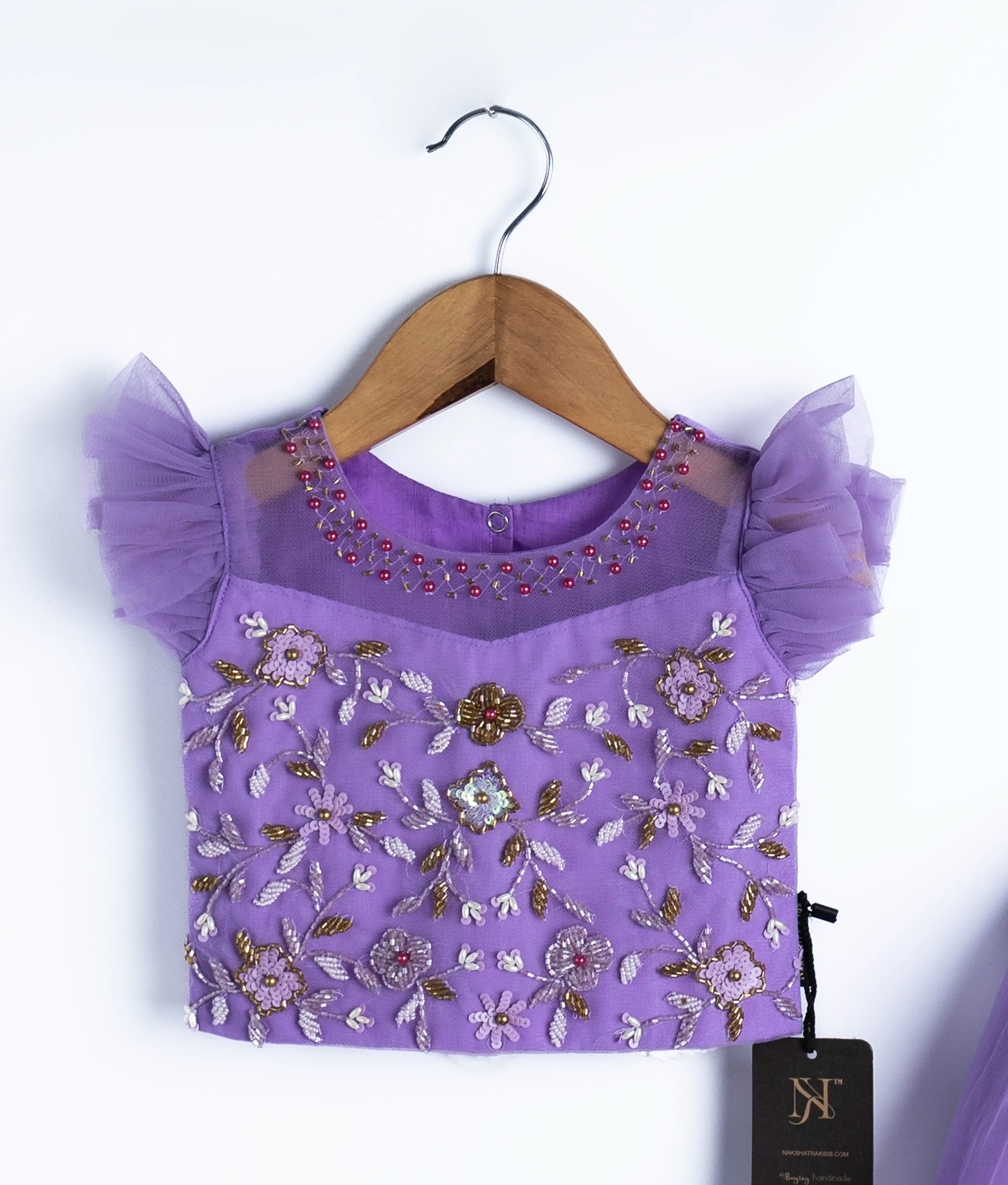 Lavender Tulle Net Handworked Crop Top With Full Length Skirt For Baby Girl 2726]