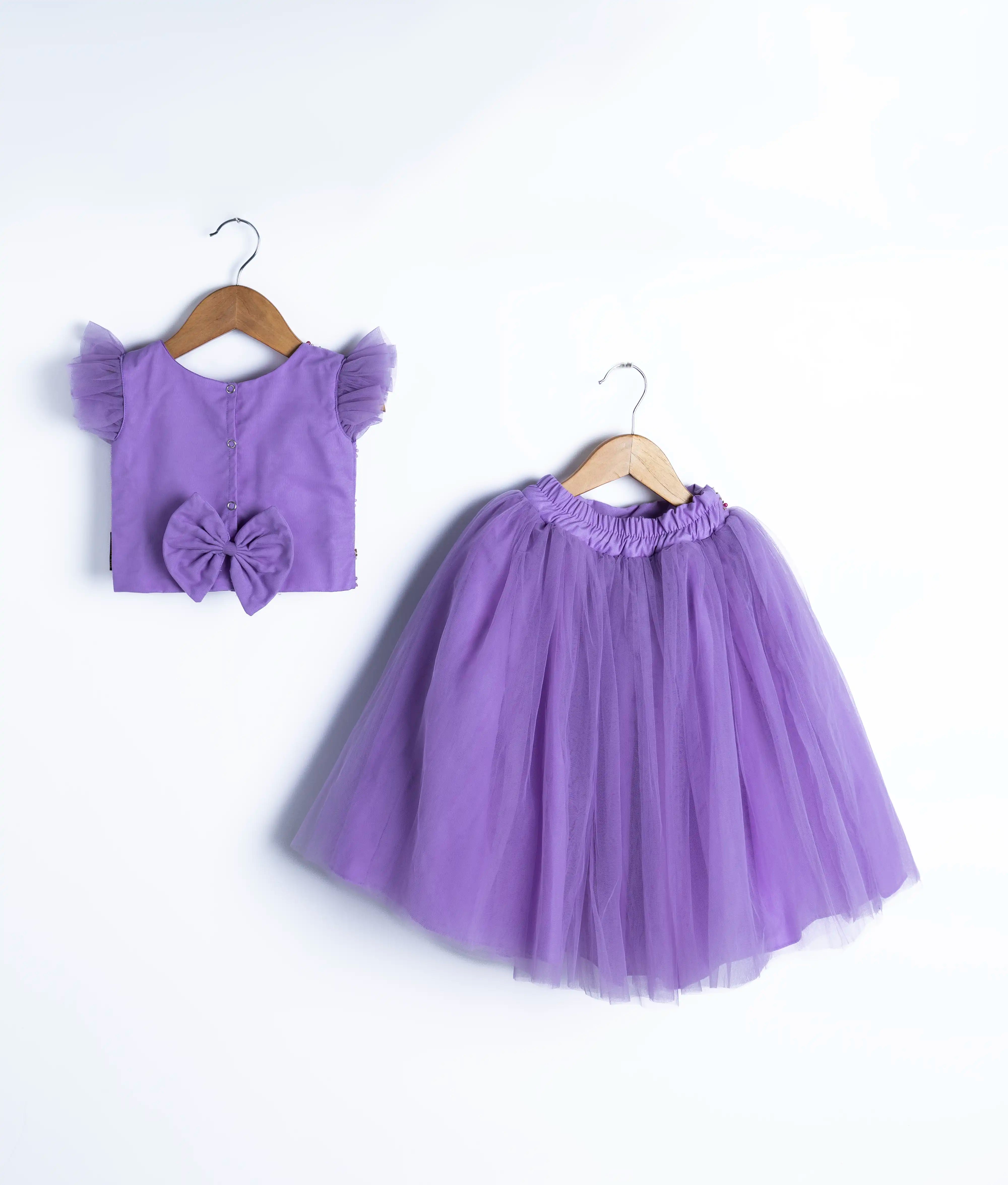 Lavender Tulle Net Handworked Crop Top With Full Length Skirt For Baby Girl 2726]