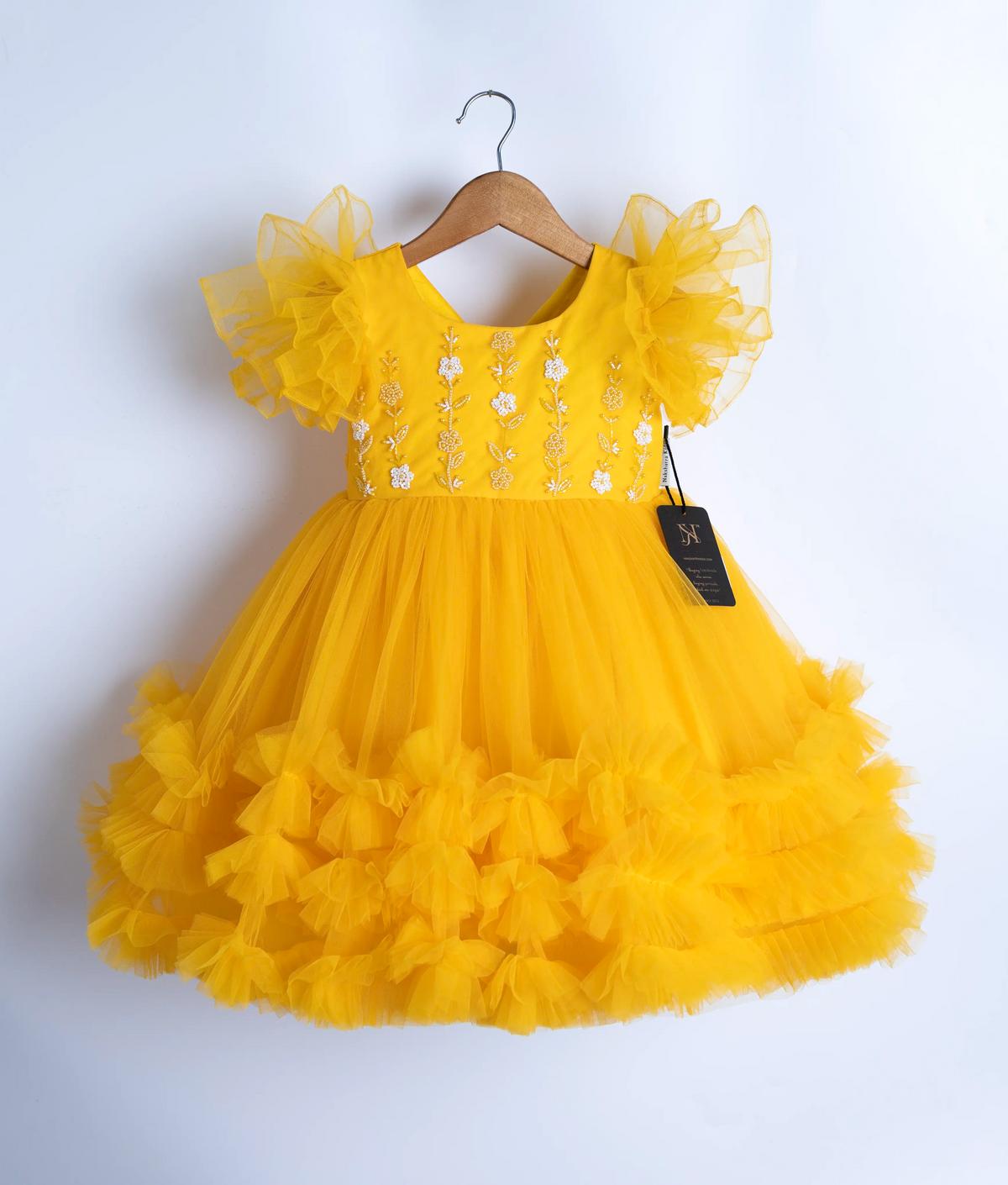 Yellow Tulle Net Handworked Birthday Frock For Baby Girl [2778]