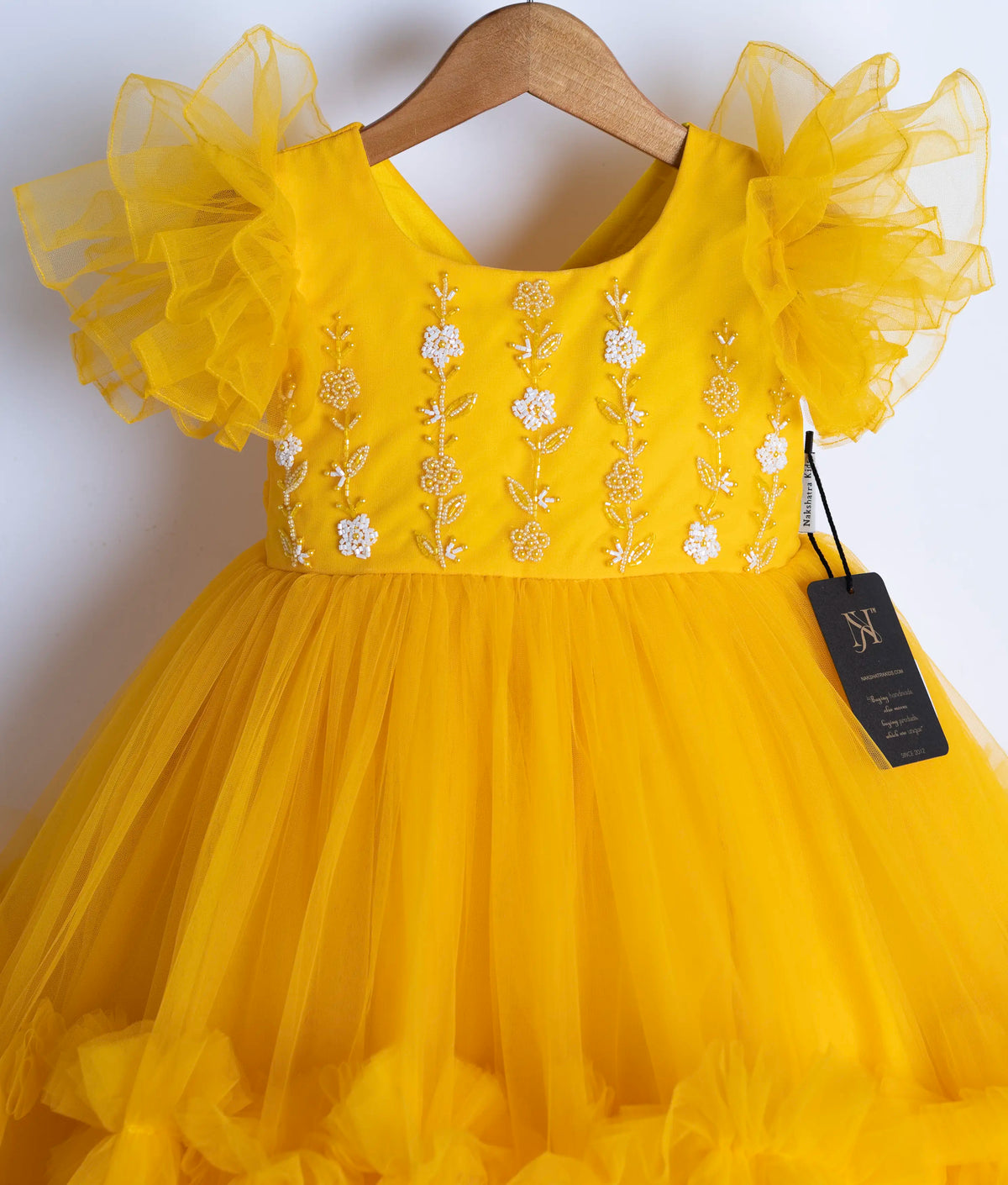 Yellow Tulle Net Handworked Birthday Frock For Baby Girl [2778]