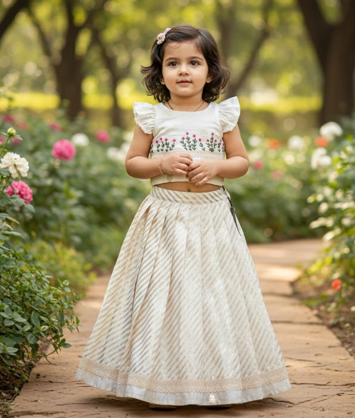 Off-white Handworked Chanderi Skirt And Top For Baby Girl [2785]