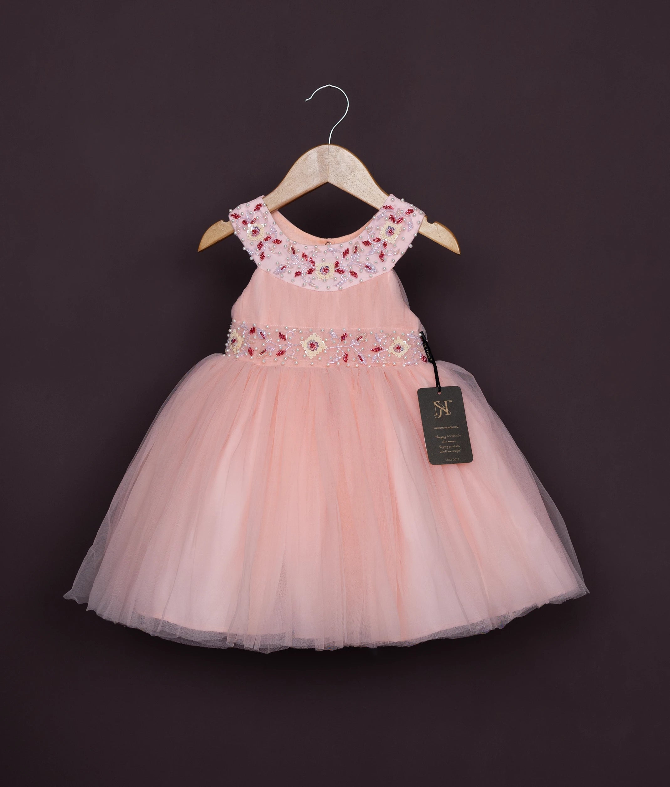 Peach Tulle Net Handworked Birthday Frock For Baby Girl [Ready to ship :2788]