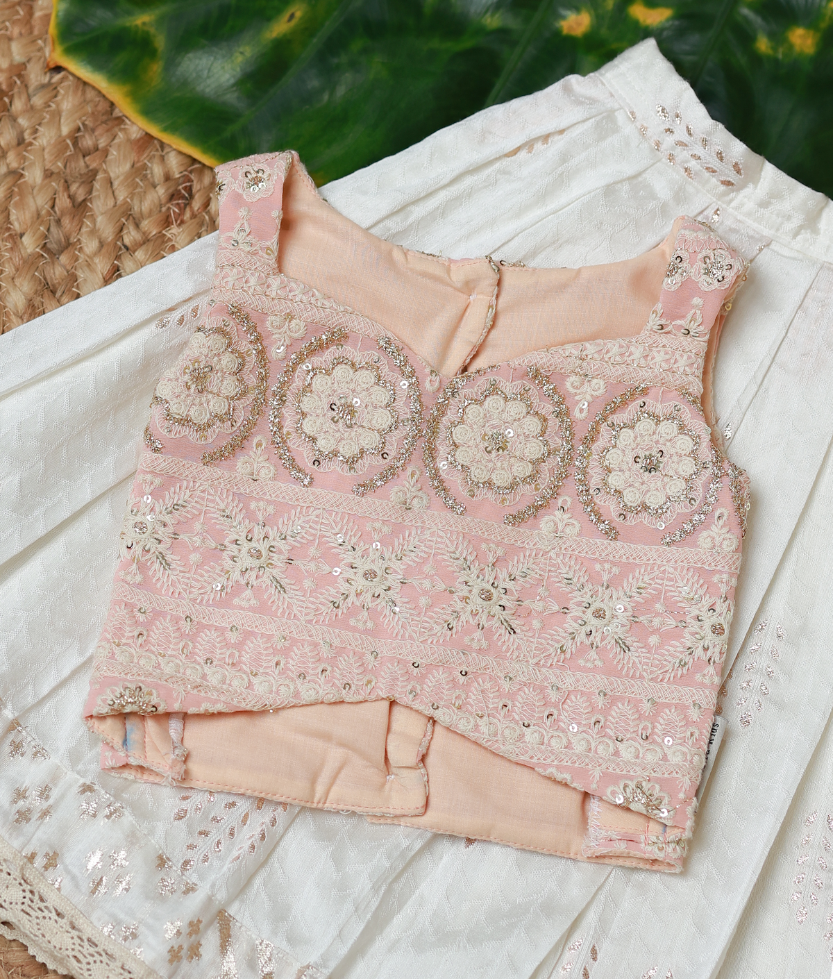 Peach Work Material Crop Top WIth Chanderi Skirt For Baby Girl [2794]