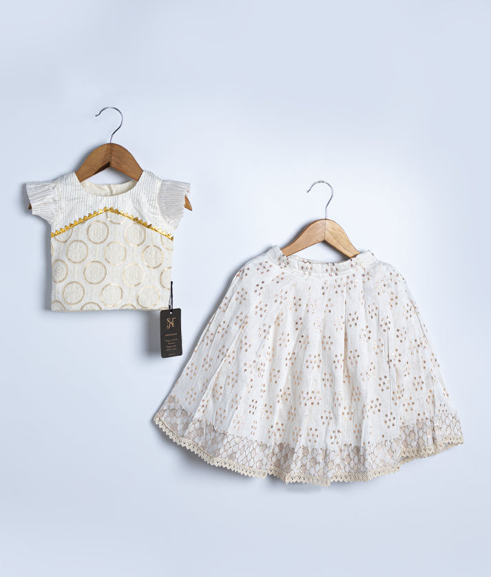 Off-white Work Material Top With Banarasi Skirt For Baby Girl [2803]