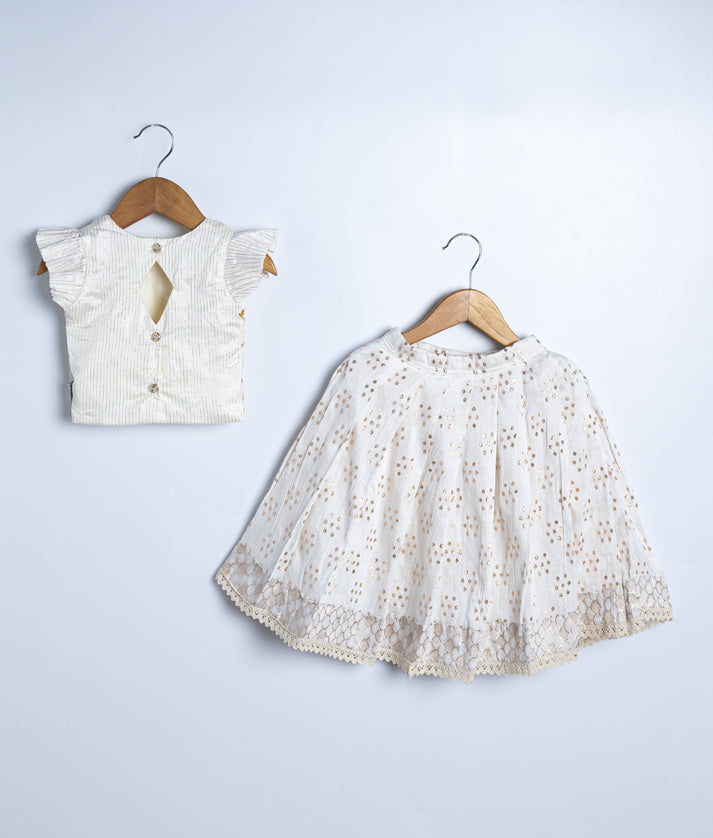 Off-white Work Material Top With Banarasi Skirt For Baby Girl [2803]