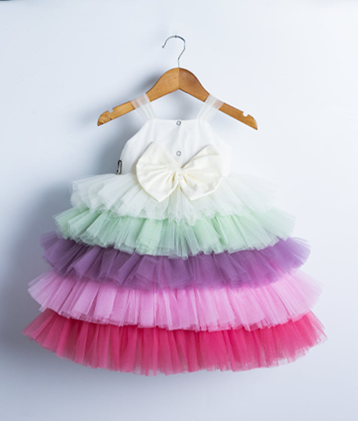 Multi-Colour Tulle Net Rainbow Theme Birthday Frock For Baby Girl [Ready to ship:2829]