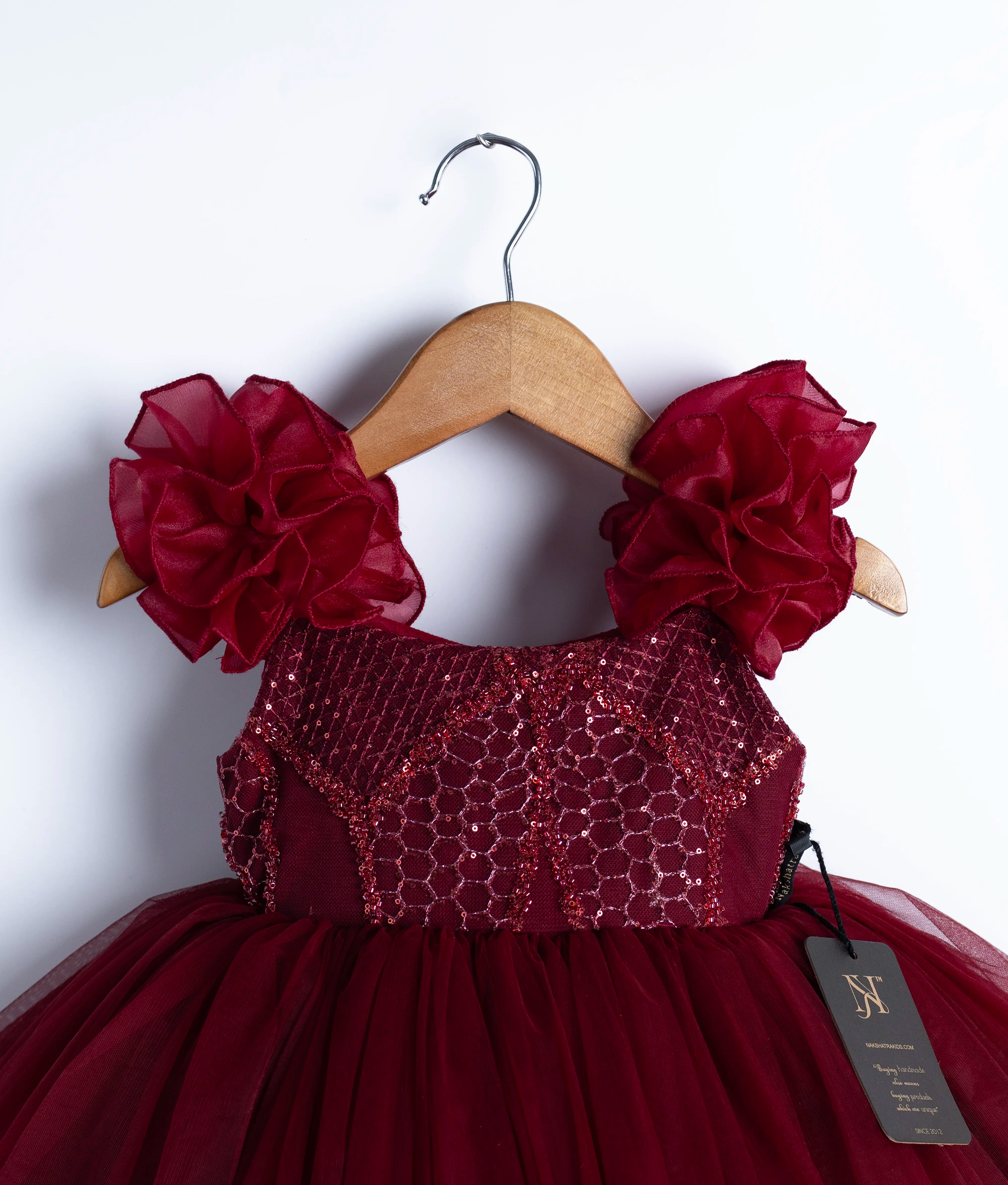 Maroon Handworked yoke with Tulle Net Skirt Birthday Frock For Baby Girl [Ready To Ship: 2837]