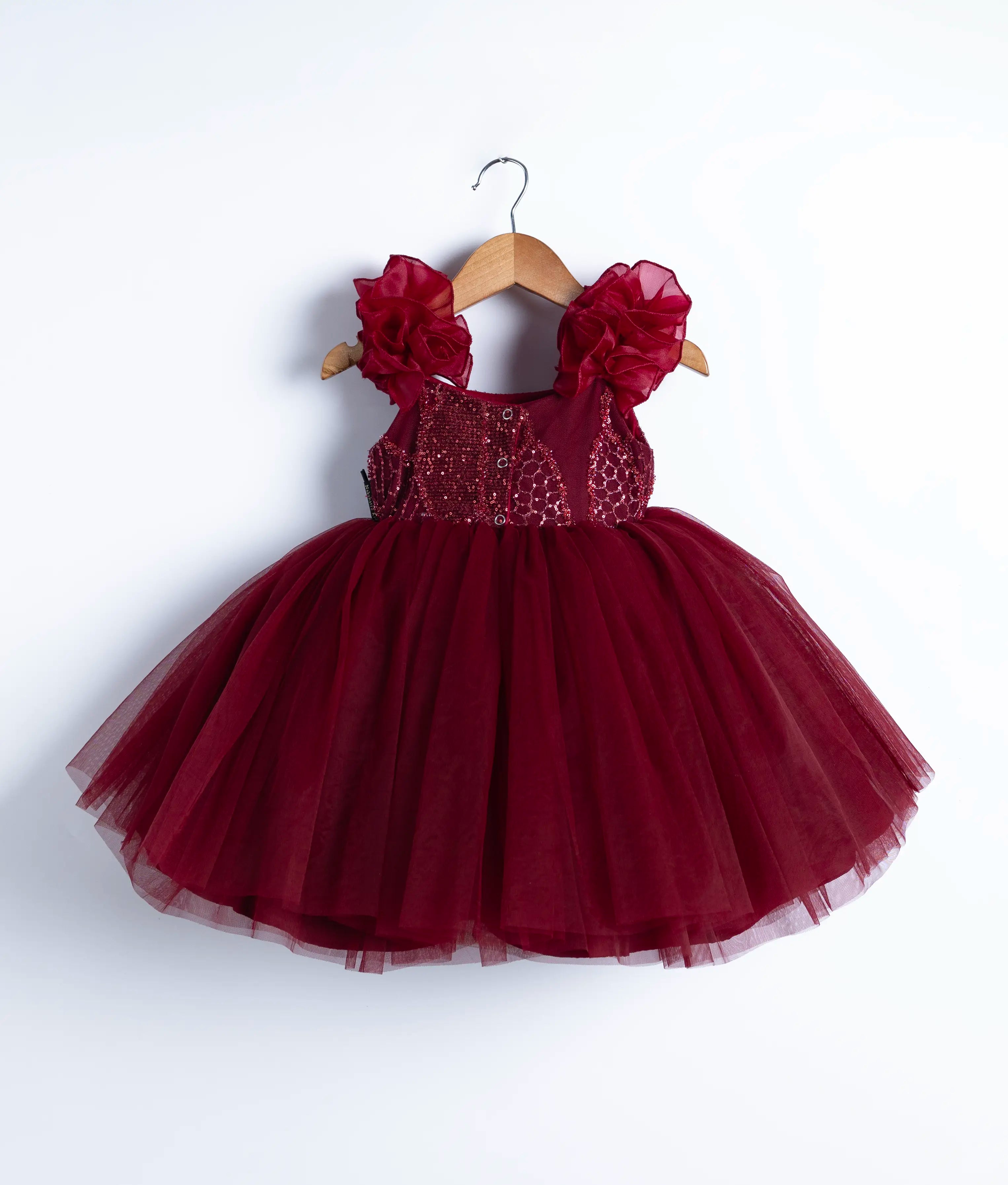 Maroon Handworked yoke with Tulle Net Skirt Birthday Frock For Baby Girl [Ready To Ship: 2837]