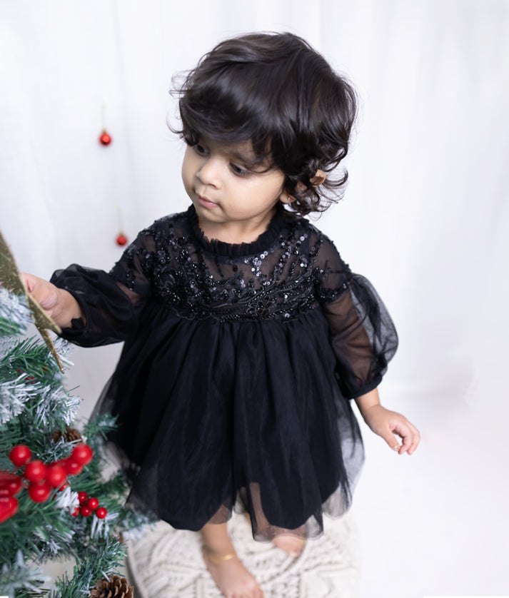 Black Tulle Net Work material Party Frock For Baby Girl [2959]