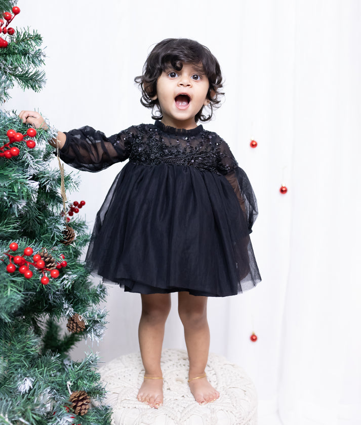 Black Tulle Net Work material Party Frock For Baby Girl [2959]