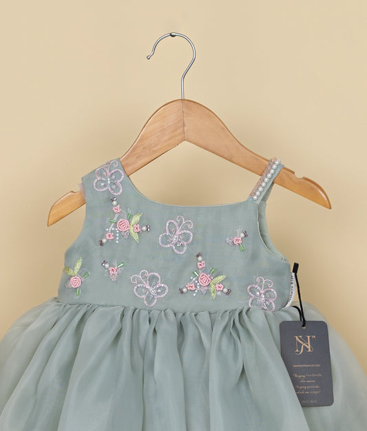Green Satin Organza Embroidery Birthday Gown For Baby Girl [Ready to ship:2872]