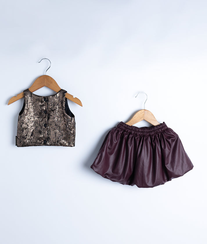 Golden Crush & Coffee Brown Short Top with Short Skirt [2910]