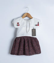 Off white Hakoba embroidery Top WIth Tweed Skirt For Baby Girl  [2913]