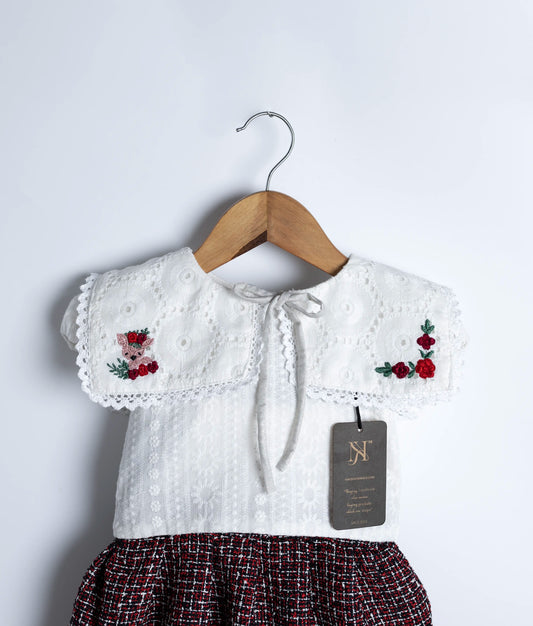 Off white Hakoba embroidery Top WIth Tweed Skirt For Baby Girl  [Ready to ship:2913]