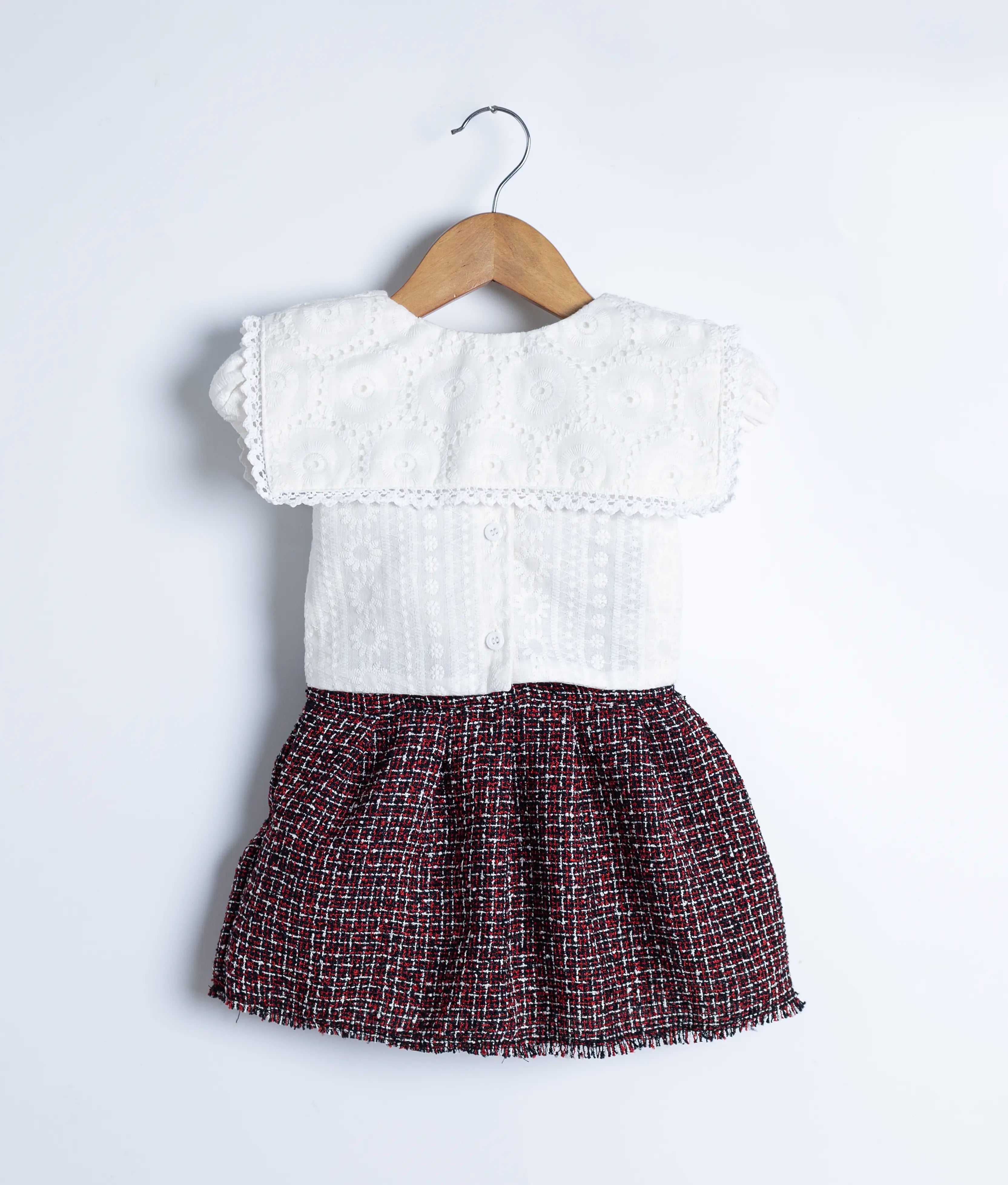 Off white Hakoba embroidery Top WIth Tweed Skirt For Baby Girl  [2913]