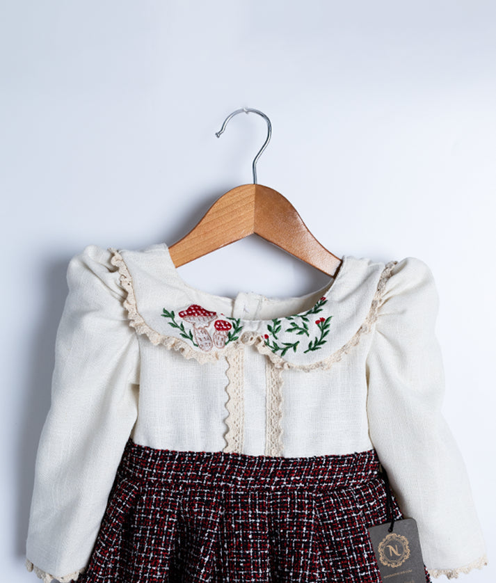 Offwhite Linen Embroidery Yoke With Multicolor Tweed skirt frock