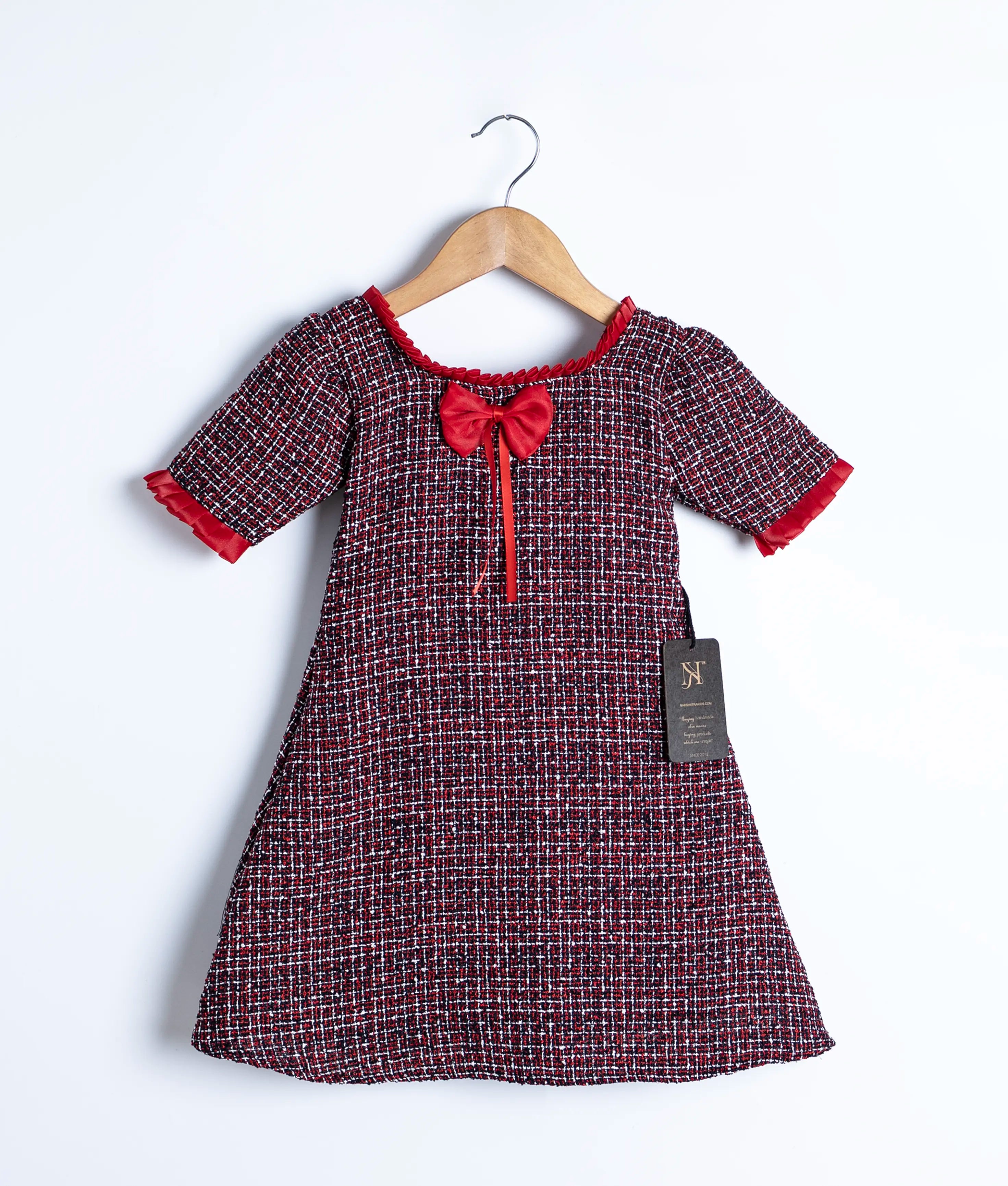 Red Tweed A line Christmas Frock For Baby Girl [2956]