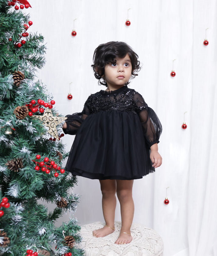 Black Tulle Net Work material Party Frock For Baby Girl [2959]
