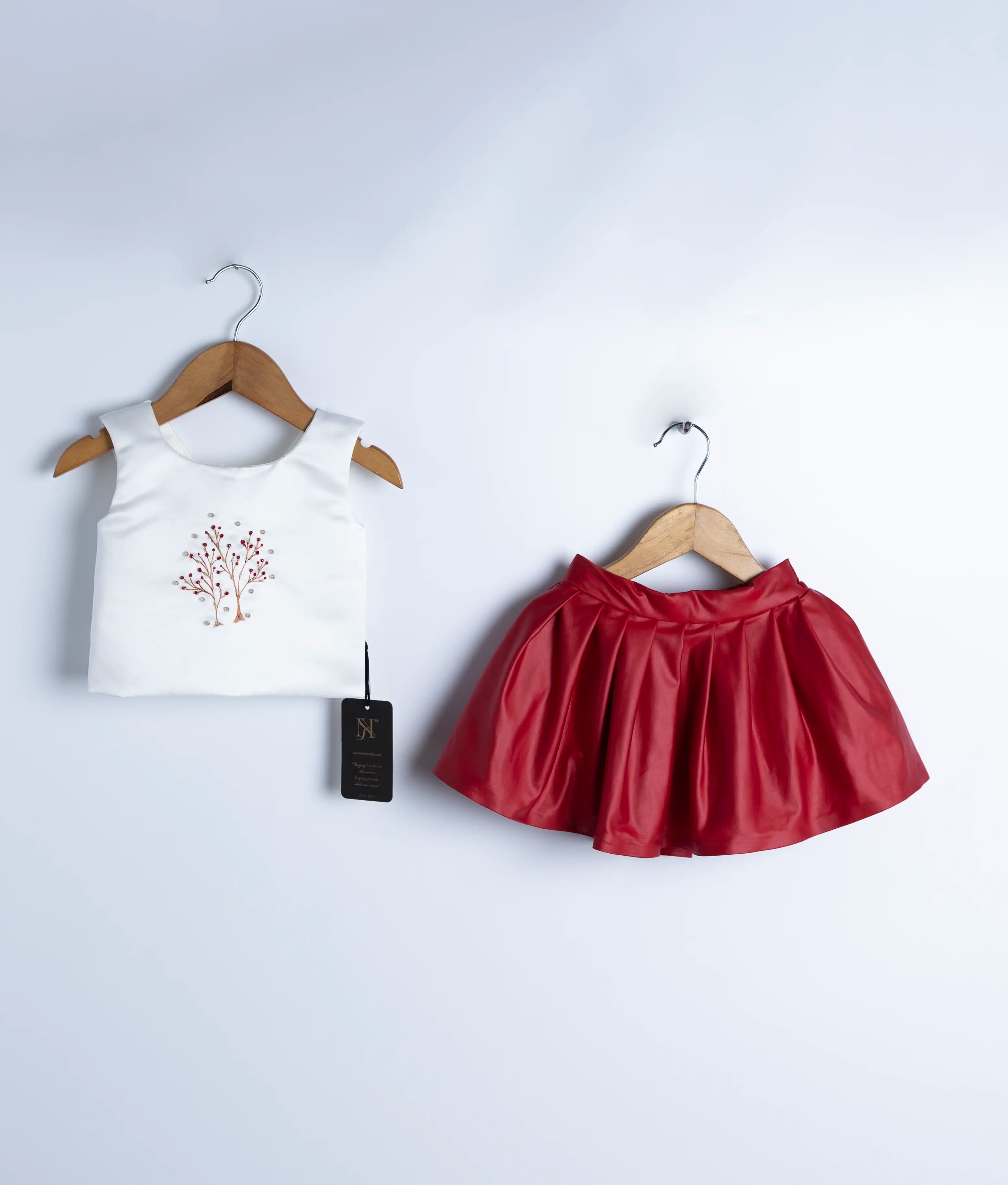 White Satin Embroidery Top with Leather Skirt for Baby Girl [2968]