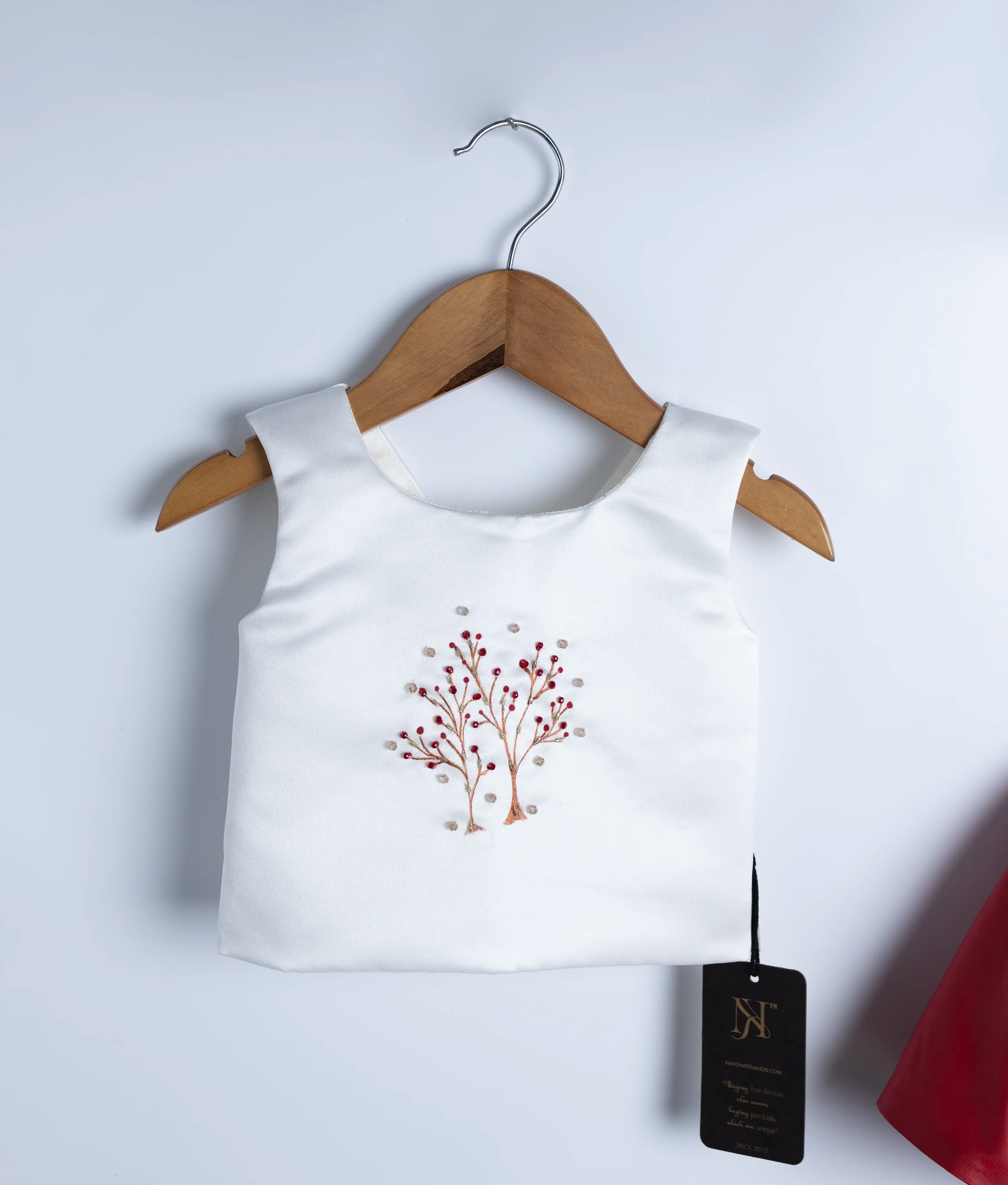 White Satin Embroidery Top with Leather Skirt for Baby Girl [2968]