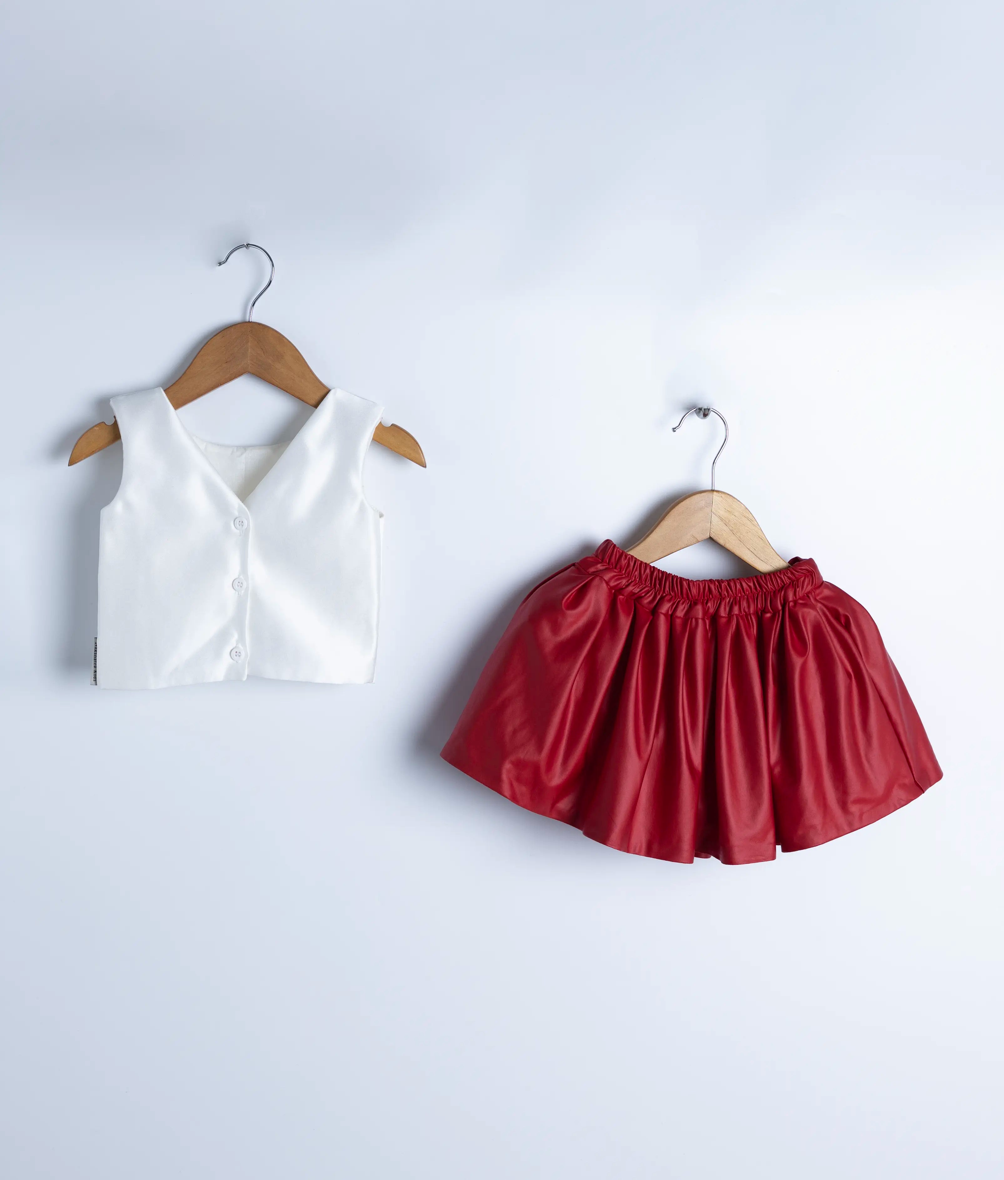 White Satin Embroidery Top with Leather Skirt for Baby Girl [2968]