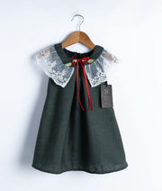 Dark Green Linen A-line Christmas Frock For Baby Girl [5003]