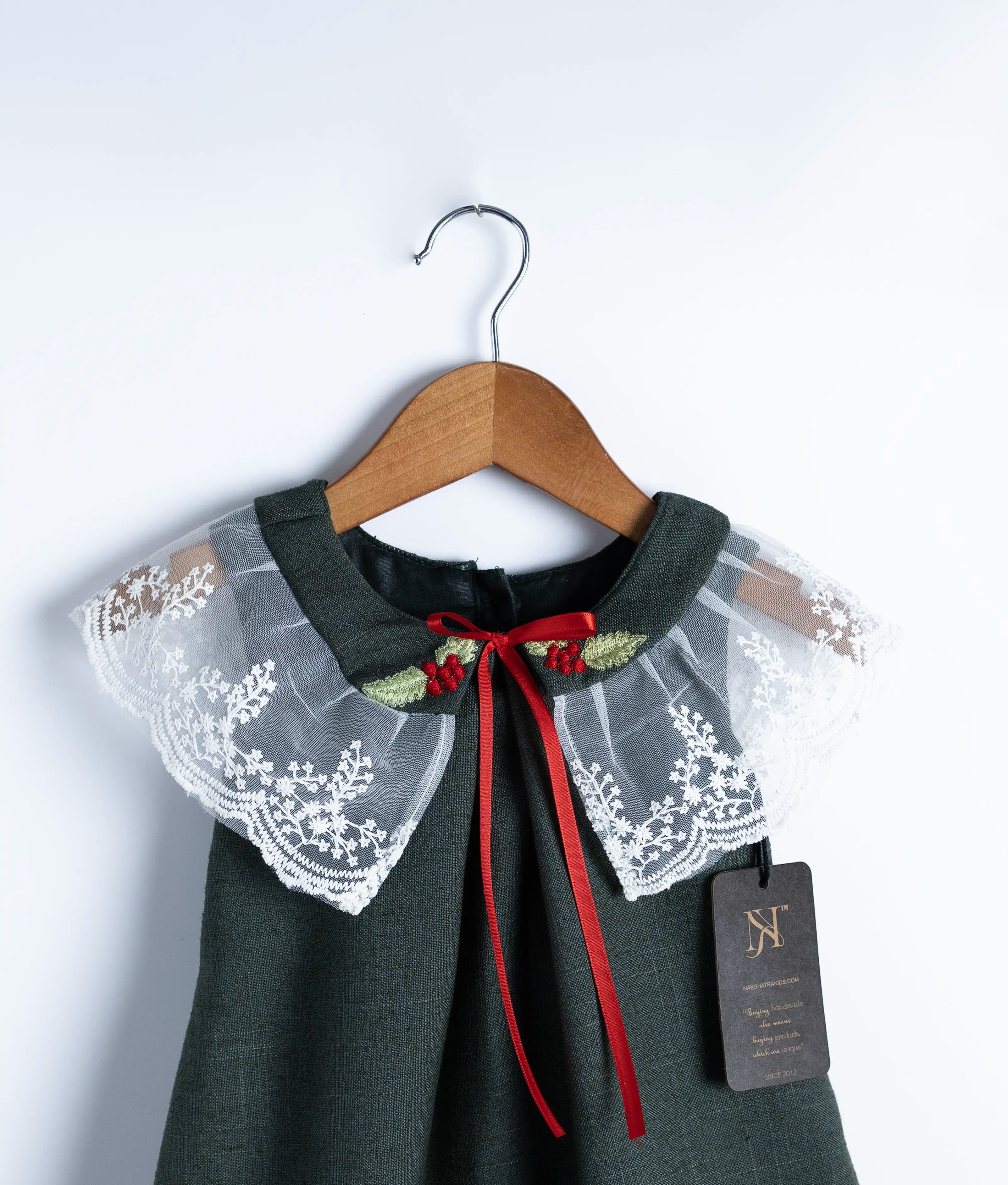 Dark Green Linen A-line Christmas Frock For Baby Girl [5003]