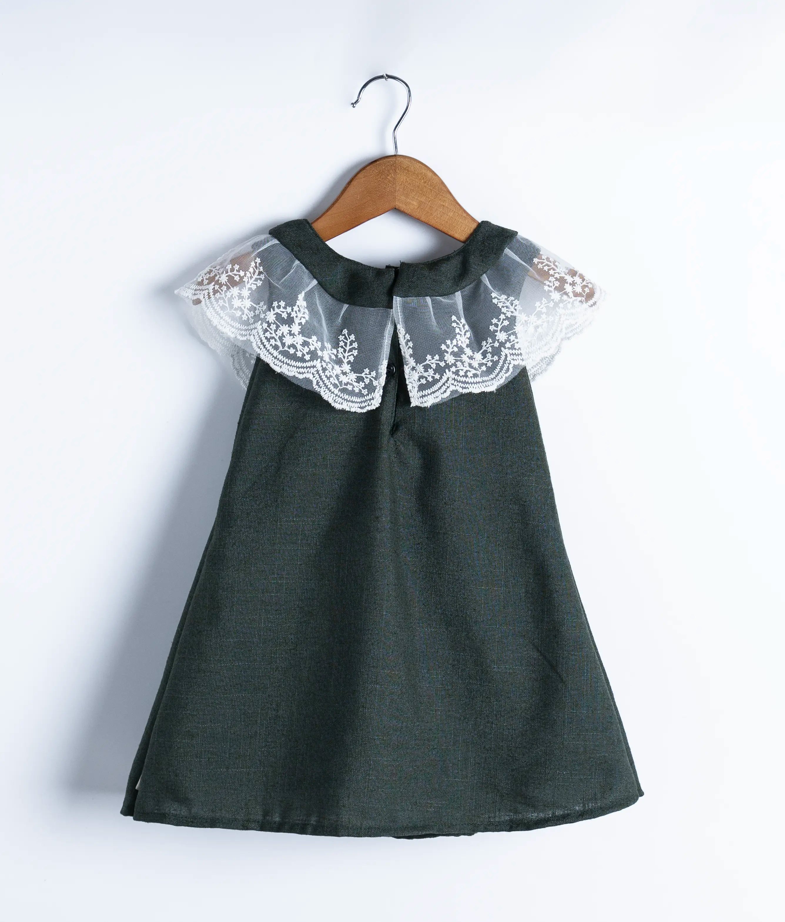Dark Green Linen A-line Christmas Frock For Baby Girl [5003]