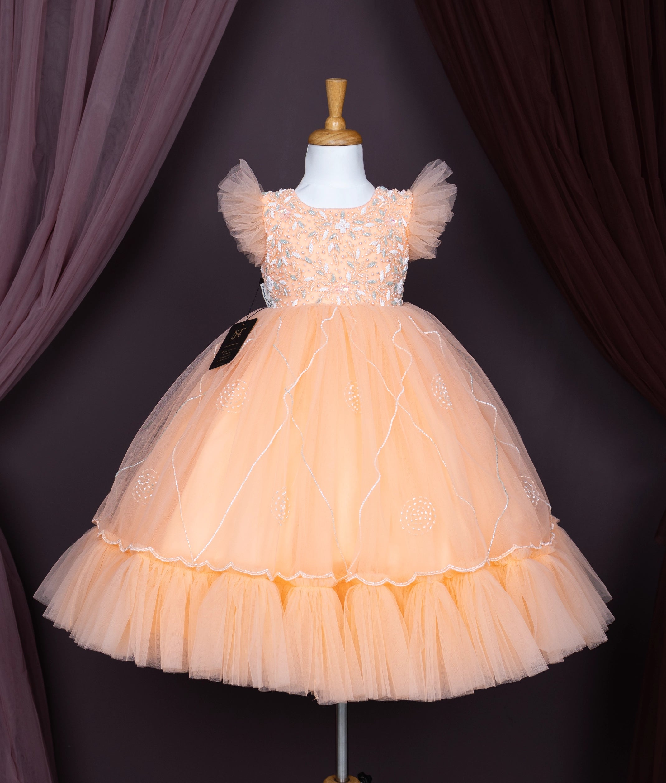 Peach Tulle Net Handworked Birthday Gown For Baby Girl [Pre order:5005]