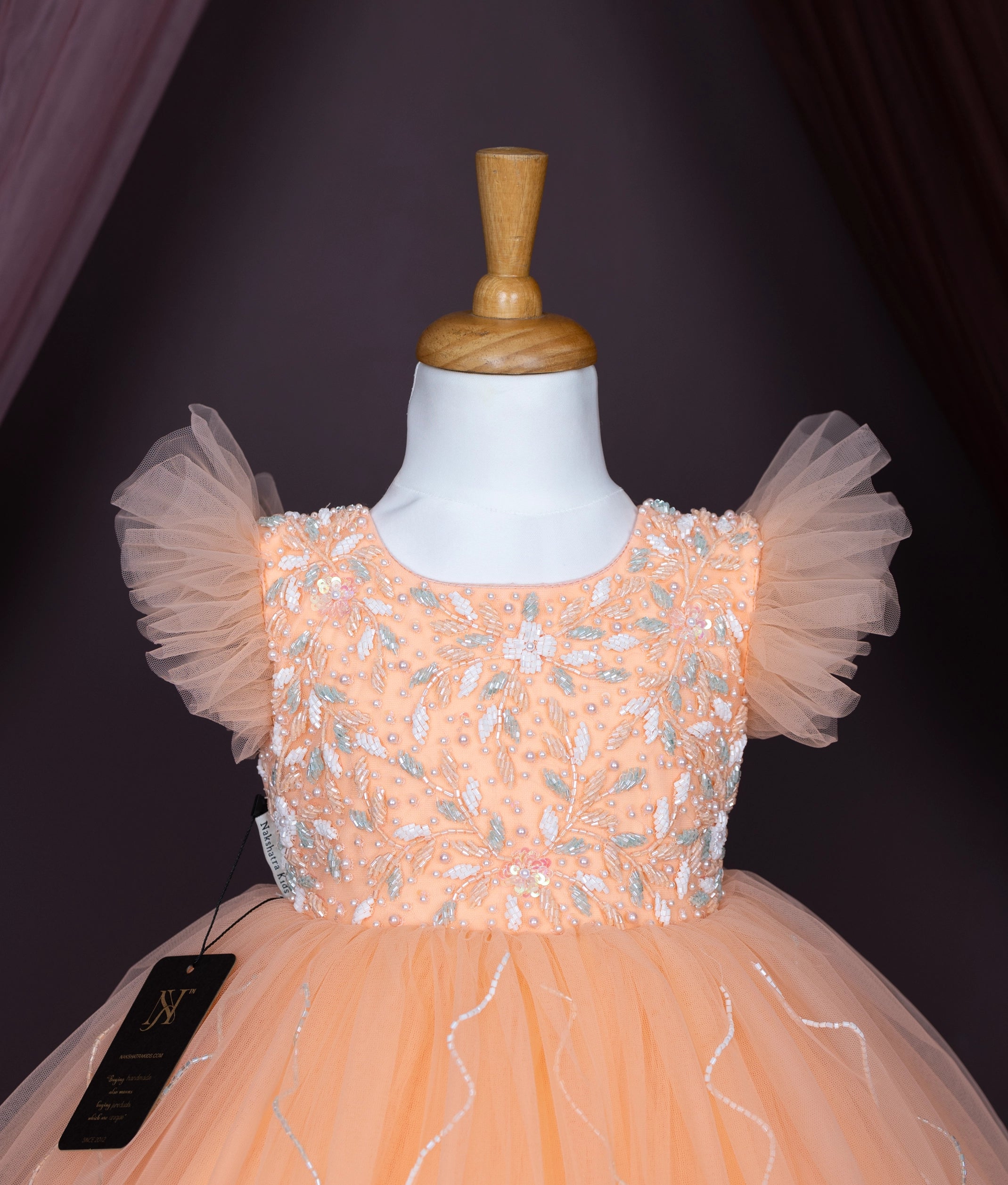 Peach Tulle Net Handworked Birthday Gown For Baby Girl [Pre order:5005]