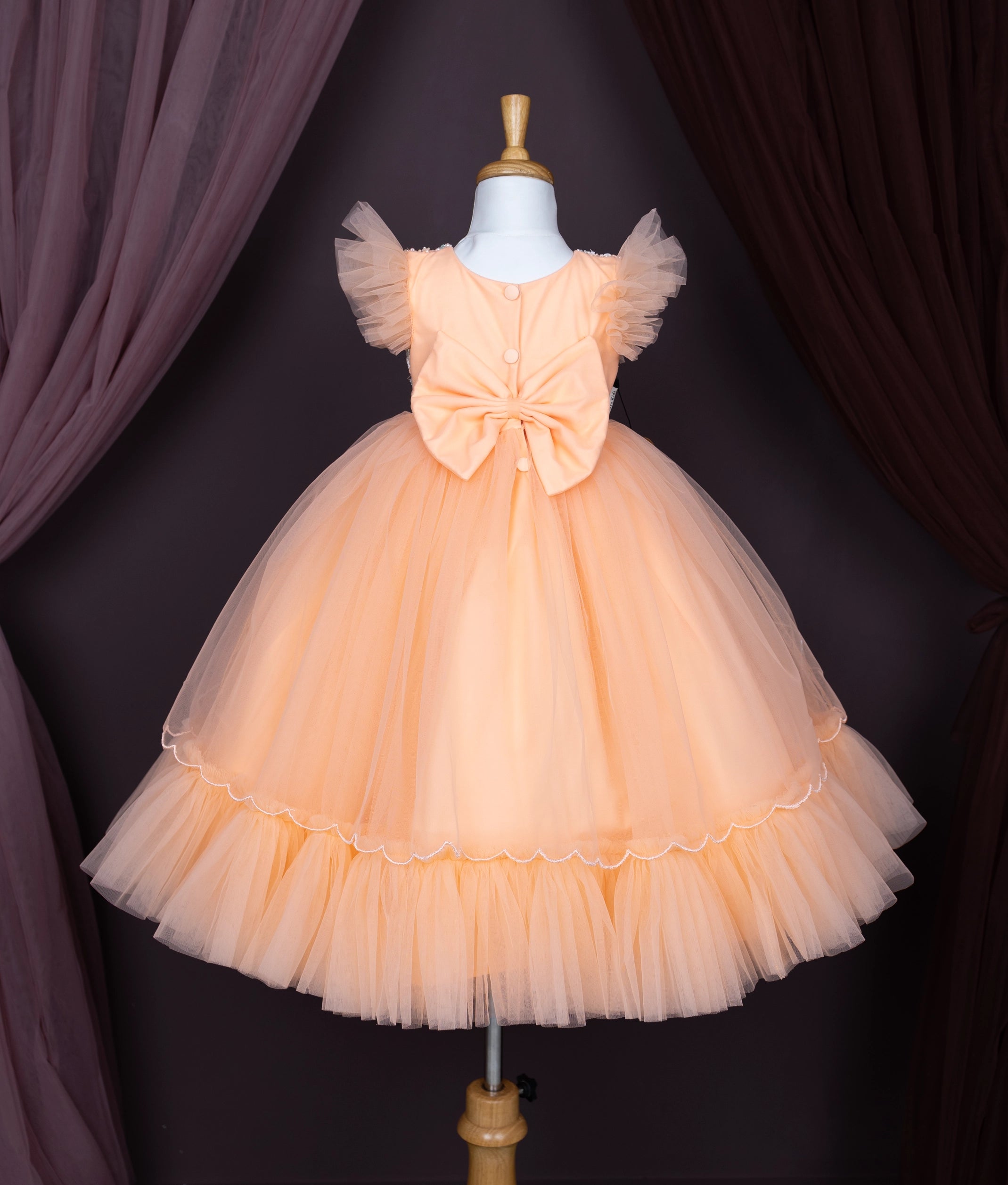 Peach Tulle Net Handworked Birthday Gown For Baby Girl [Pre order:5005]