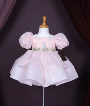 Pastel Peach Shimmer Organza Jungle Theme Frock For Baby Girl Pre Order :5065]
