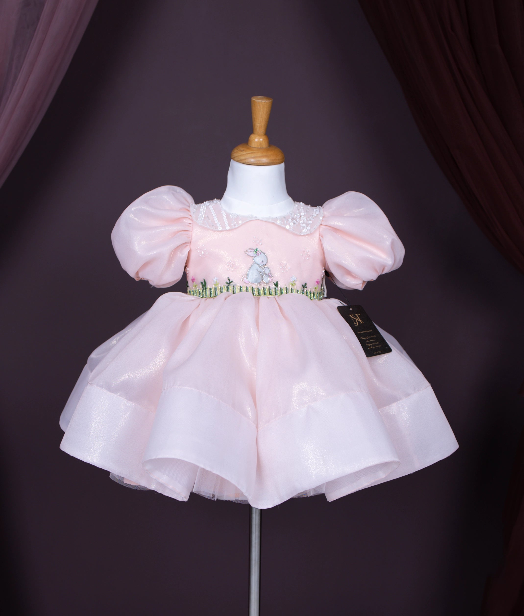Pastel Peach Shimmer Organza Jungle Theme Frock For Baby Girl Pre Order :5065]