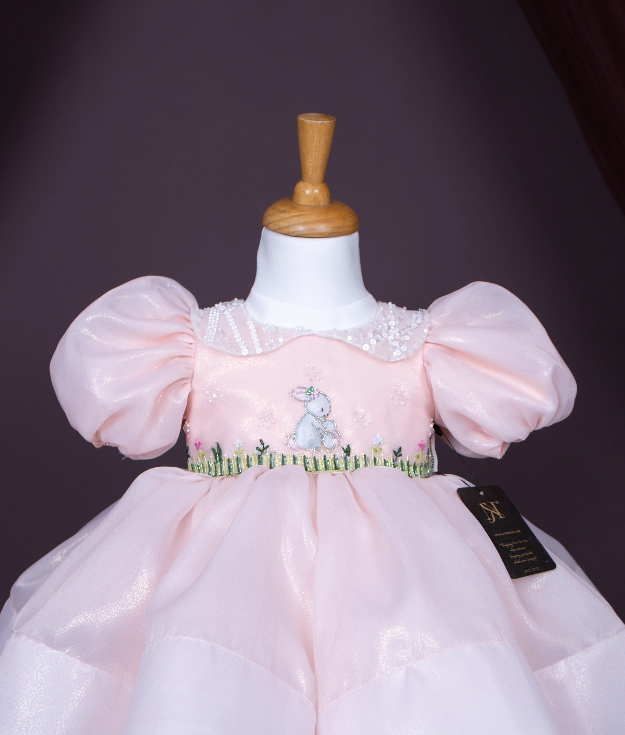 Pastel Peach Shimmer Organza Jungle Theme Frock For Baby Girl Pre Order :5065]