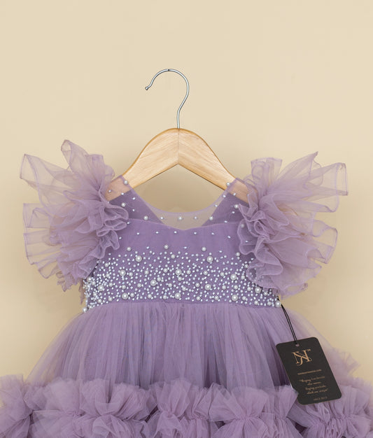 Pastel Lavender  Tulle Net Handworked Birthday Frock For Baby Girl [Ready to ship :5111]