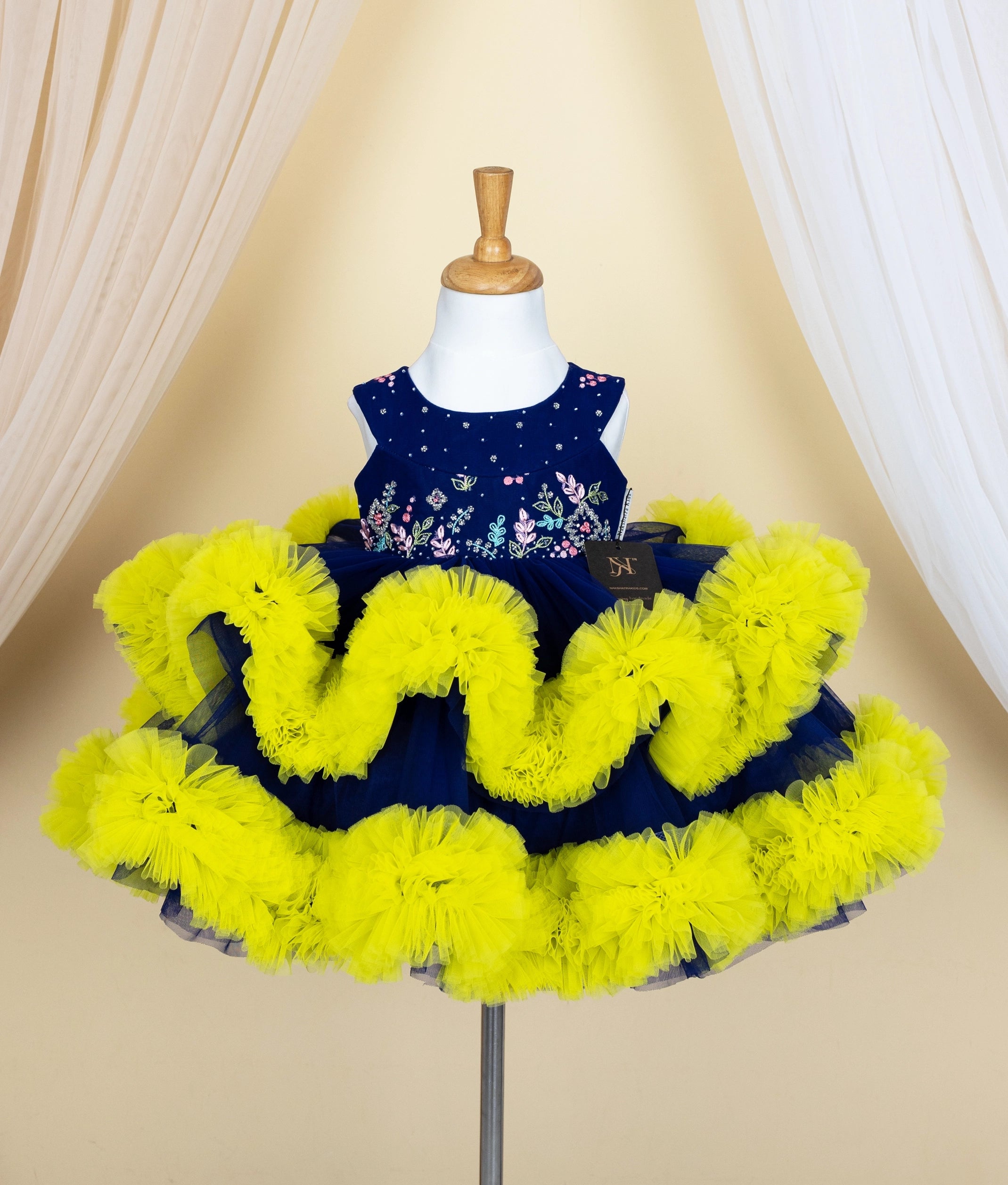 Blue Tulle Net Handworked Yoke With Green Ruffles Birthday Frock For Baby Girl [Ready to ship: 5178]