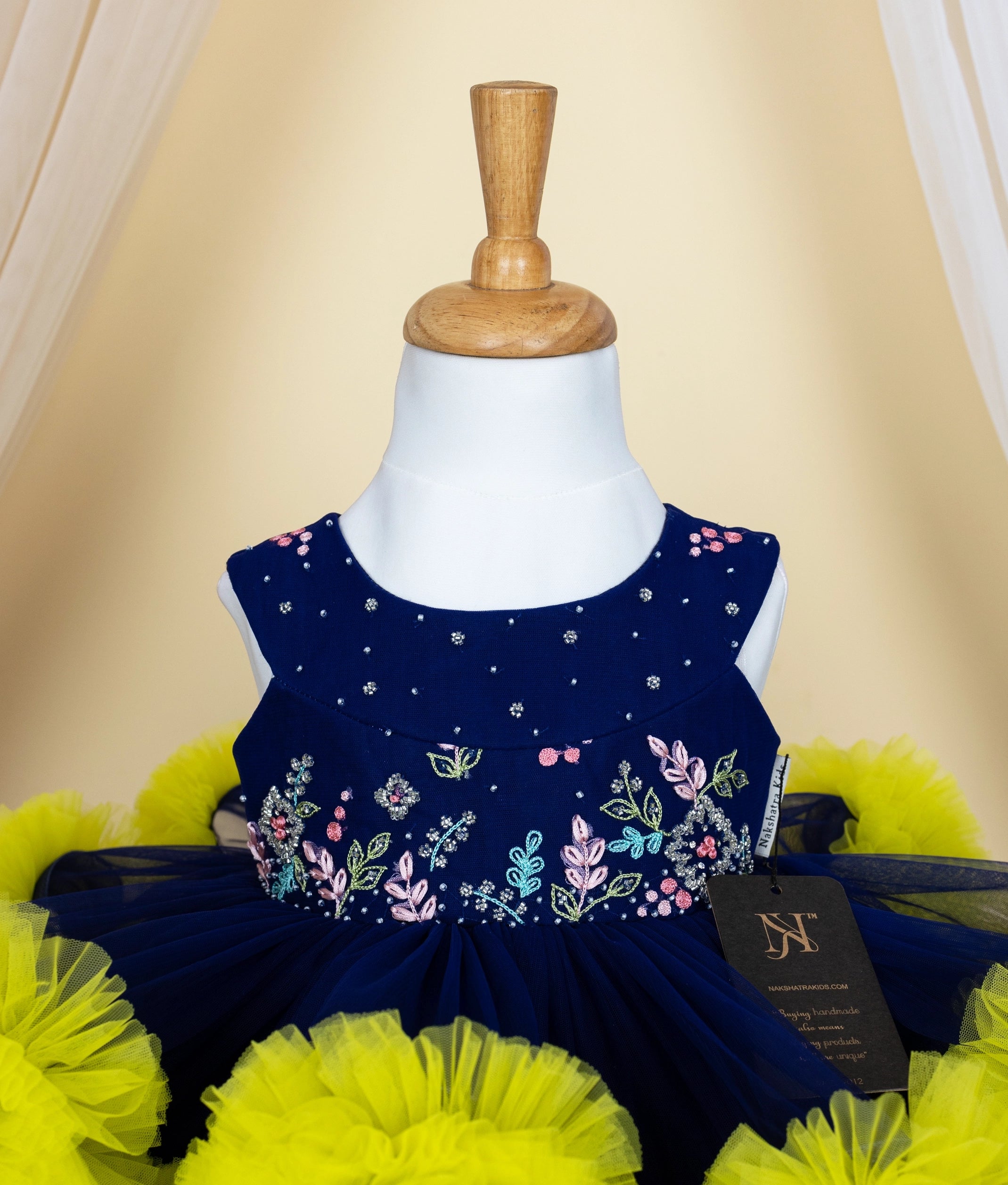 Blue Tulle Net Handworked Yoke With Green Ruffles Birthday Frock For Baby Girl [Ready to ship: 5178]