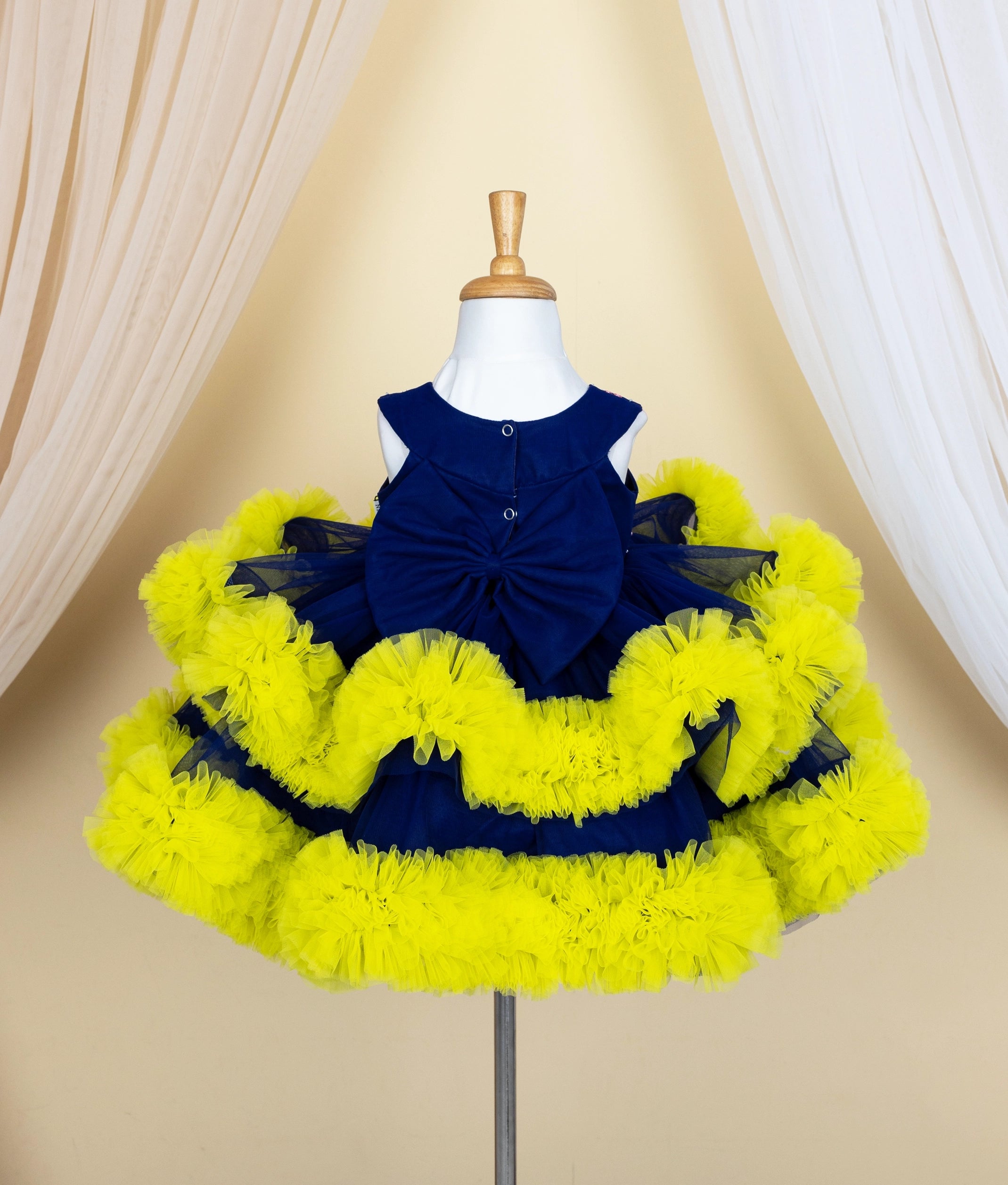Blue Tulle Net Handworked Yoke With Green Ruffles Birthday Frock For Baby Girl [Ready to ship: 5178]