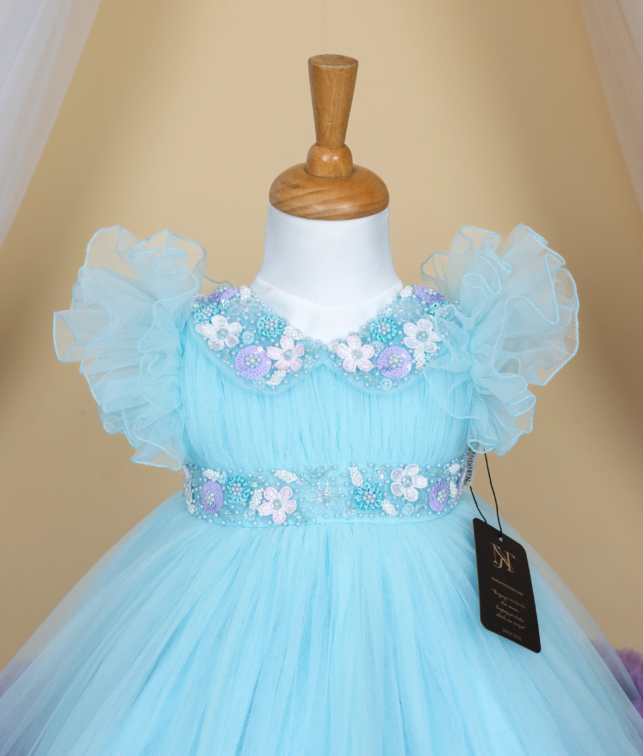 Light Blue Handwork Tulle Net Birthday Frock For Baby Girl [Pre Order :5183]