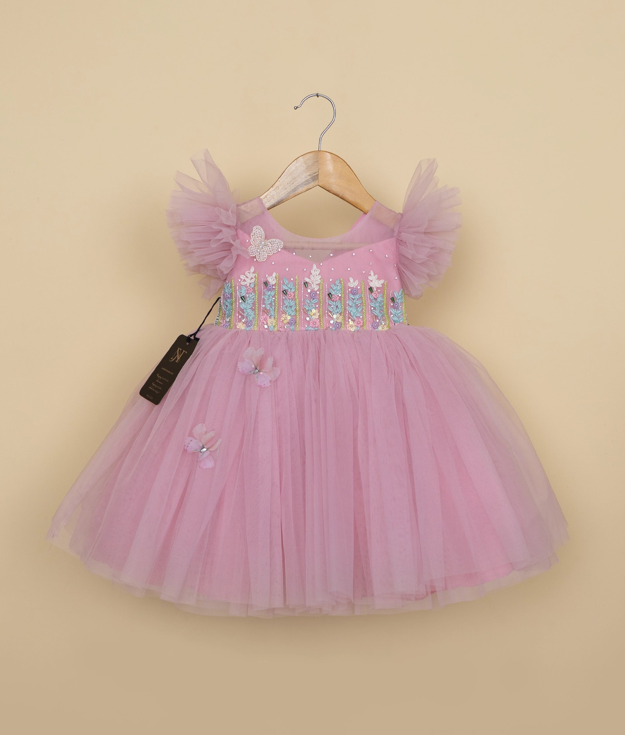 Pink Tulle Net Handworked Birthday Frock For Baby Girl [Pre-order :5311]