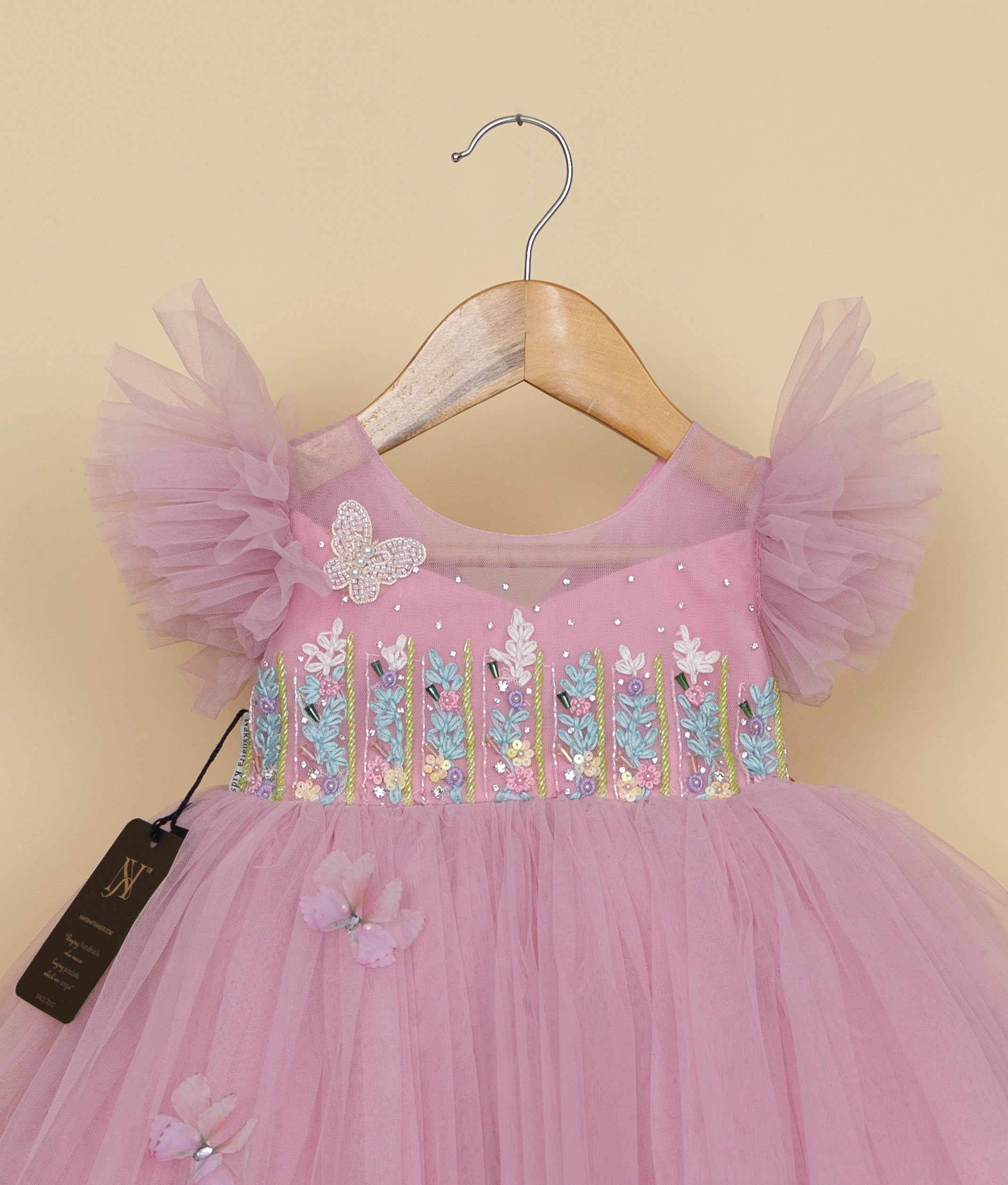 Pink Tulle Net Handworked Birthday Frock For Baby Girl [Pre-order :5311]