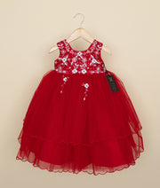 Red Tulle Net Handworked Birthday Frock For Baby Girl [Pre order:5316]