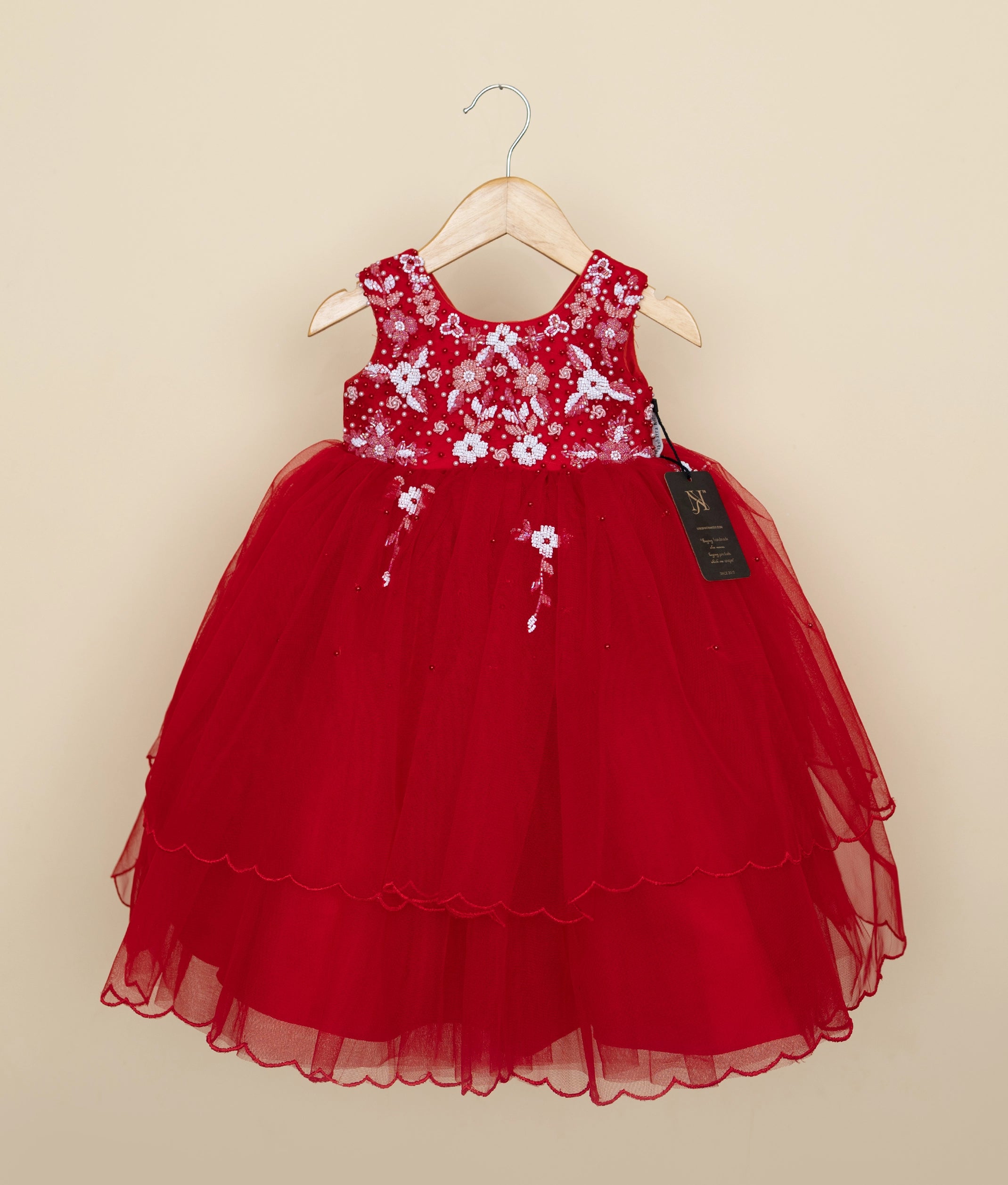 Red Tulle Net Handworked Birthday Frock For Baby Girl [Pre order:5316]